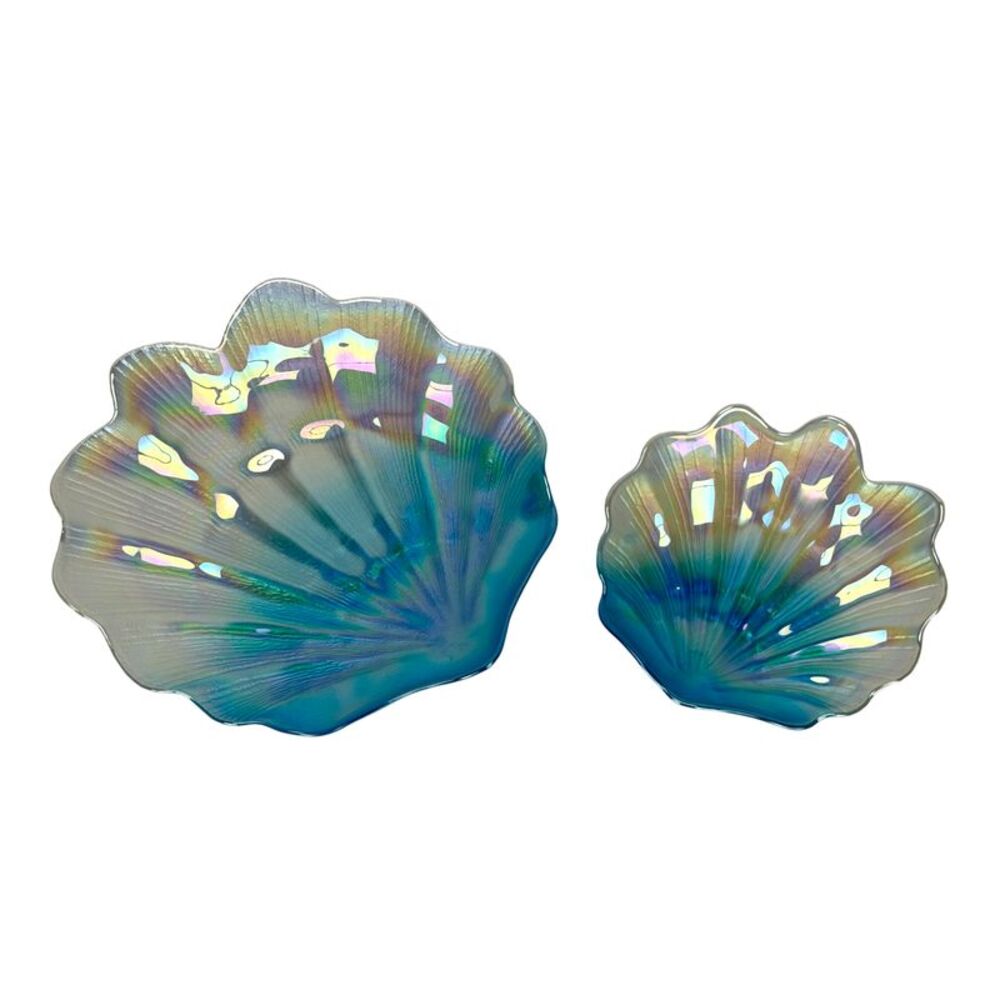 Iridescent Glass Scallop Shell Decorative Plates Set of 2 Blue Teal